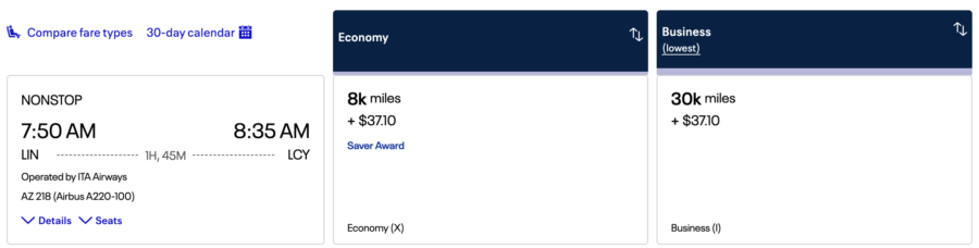 United award ticket on ITA Airways from LIN to LCY