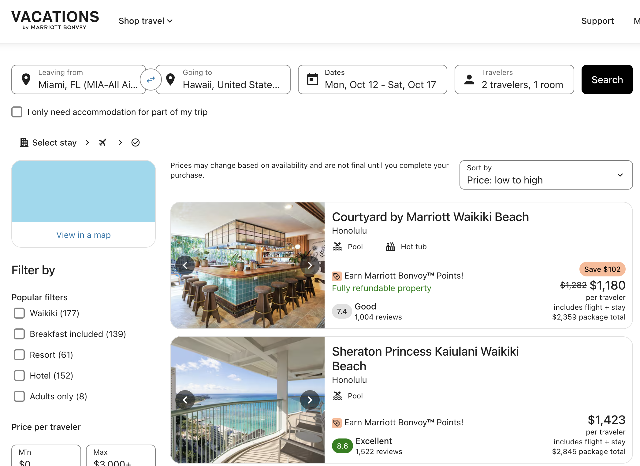 Screenshot of Vacations by Marriott booking example.