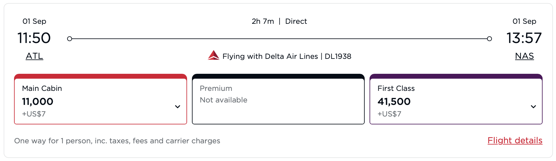 Screenshot of Virgin Atlantic award on Delta.