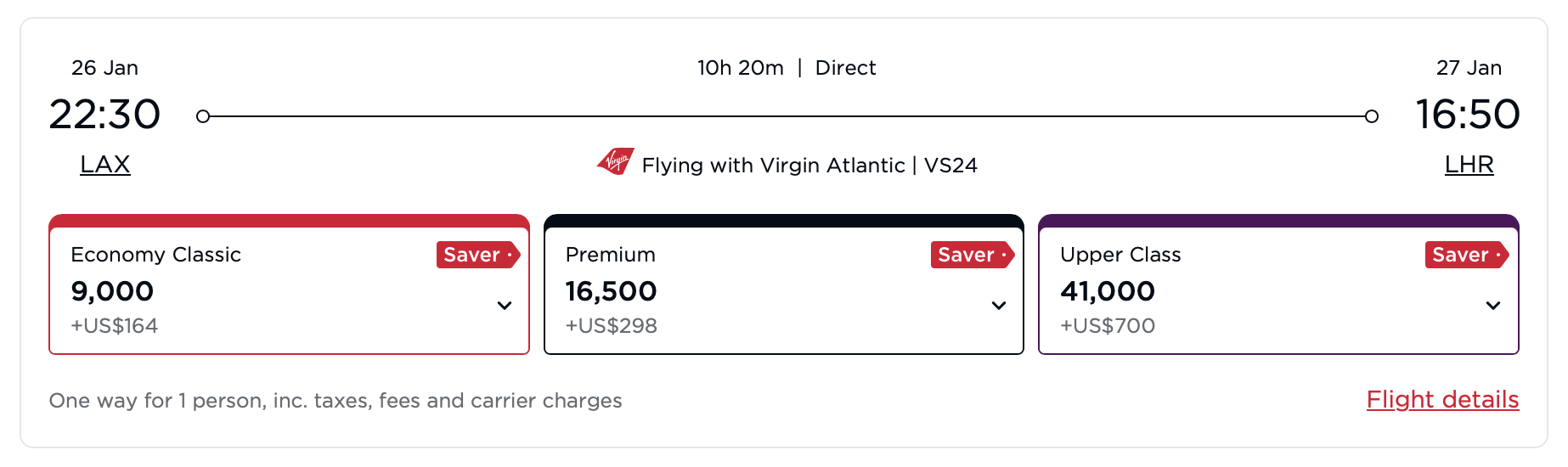 Screenshot of Virgin Atlantic award from LAX to LHR.