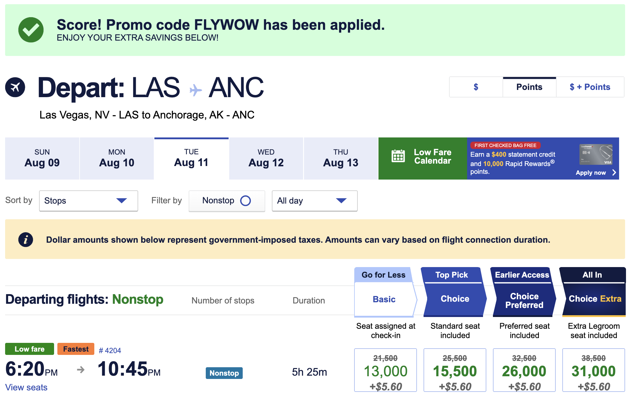 Screenshot of Southwest Airlines award fare from LAS to ANC