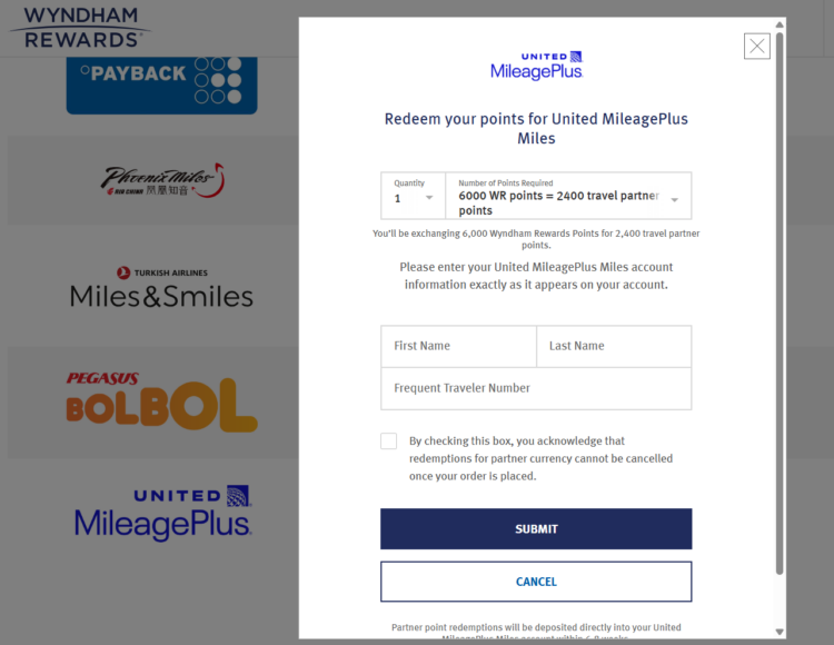 Wyndham hotel conversion page showing 100% bonus reflected in transfer ratio