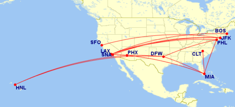 Map of domestic routes where American Airlines is flying lie-flat seats in August 2026