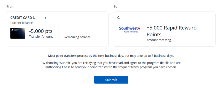 Transferring points to Southwest from Chase.