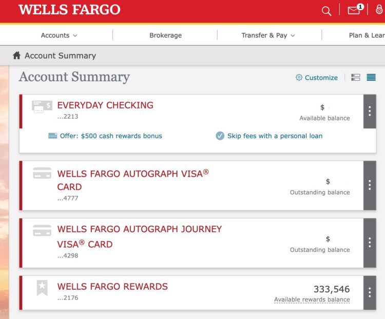 Wells Fargo account summary page showing all the users accounts, including the available awards balance of 333,546.