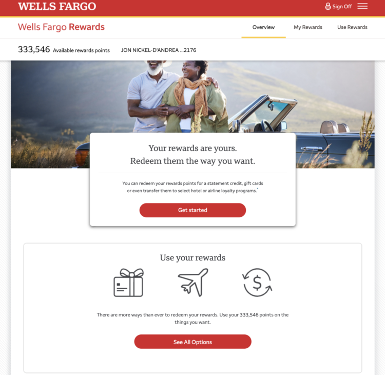 Wells Fargo Rewards home page showing the user, reward balance, and a list a ways to use your rewards.