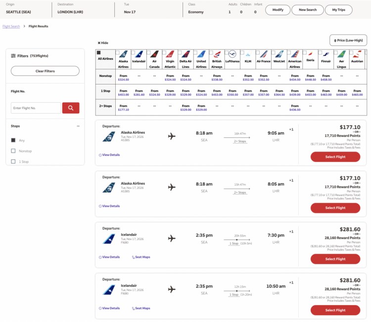 Flight search results in the Wells Fargo Travel portal highlighting options to Iceland.