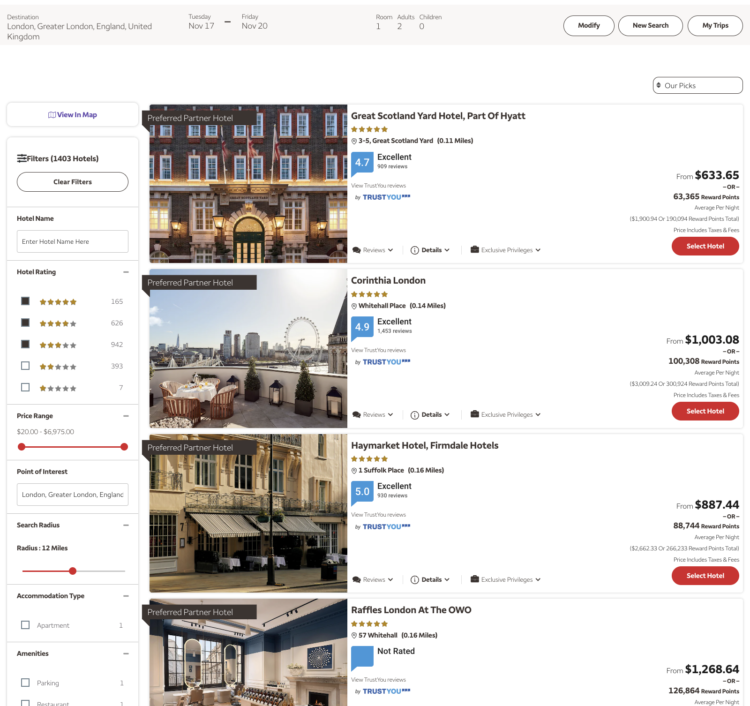 List of hotel options in London available to book through the Wells Fargo Rewards travel portal.