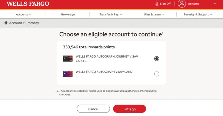 Wells Fargo account summary page asking you to choose the eligible account to continue to the next step.