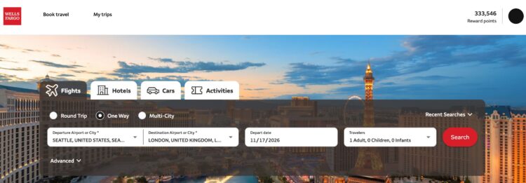 Wells Fargo Travel Portal booking page with the Flights option selected.