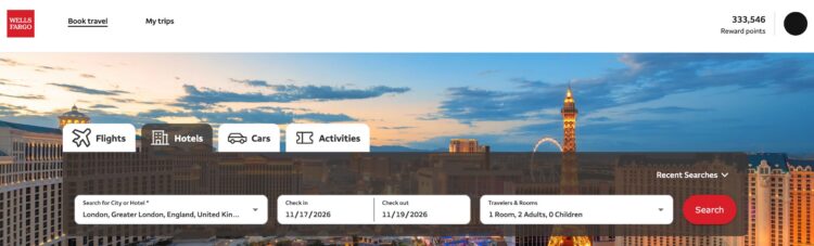 Wells Fargo Travel portal search page with the hotels tab selected.