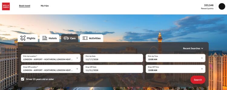 Wells Fargo Rewards travel portal search engine page with Cars highlighted.