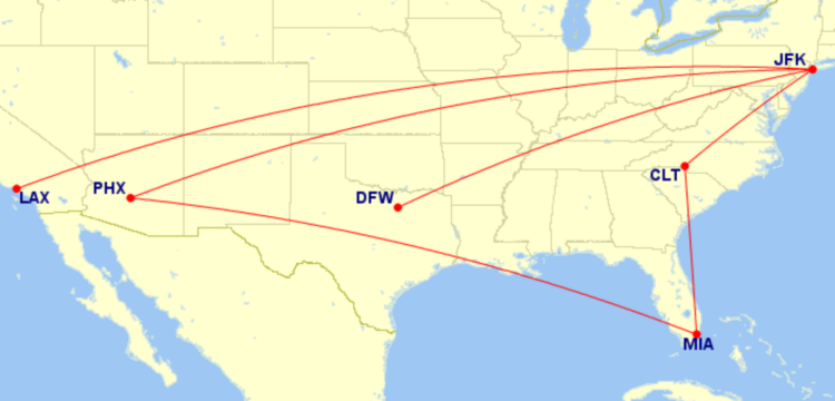 Map of domestic routes where American Airlines is flying lie-flat seats on 777-200 in September 2026