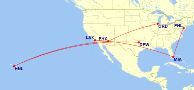 Map of domestic routes where American Airlines is flying lie-flat seats on its Boeing 787-8 aircraft in September 2026