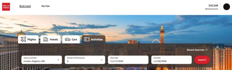 Wells Fargo Travel Portal search engine with Activities highlighted