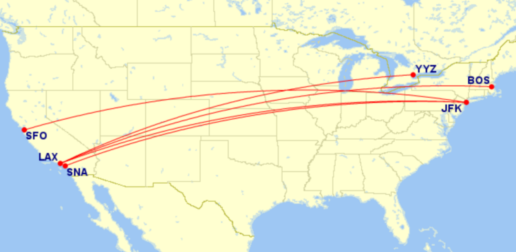 Map of domestic routes where American Airlines is flying lie-flat seats on A321T in September 2026