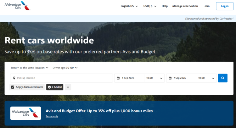 Screenshot of AAdvantage Avis and Budget rental car promotion.