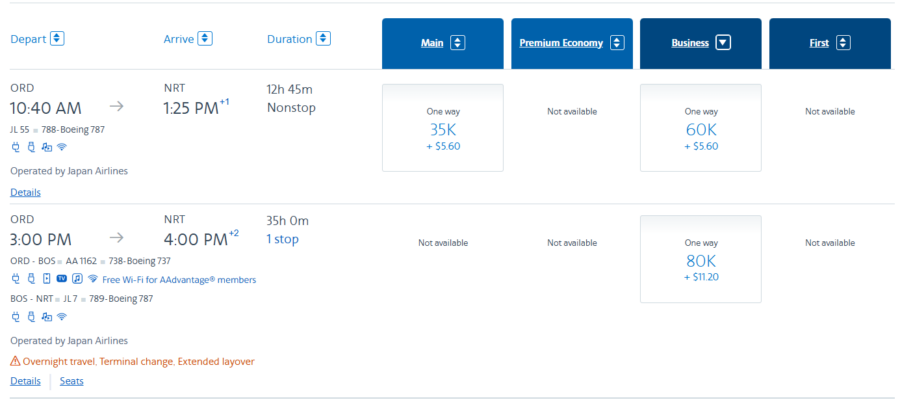 American Airlines award search results from Chicago to Tokyo
