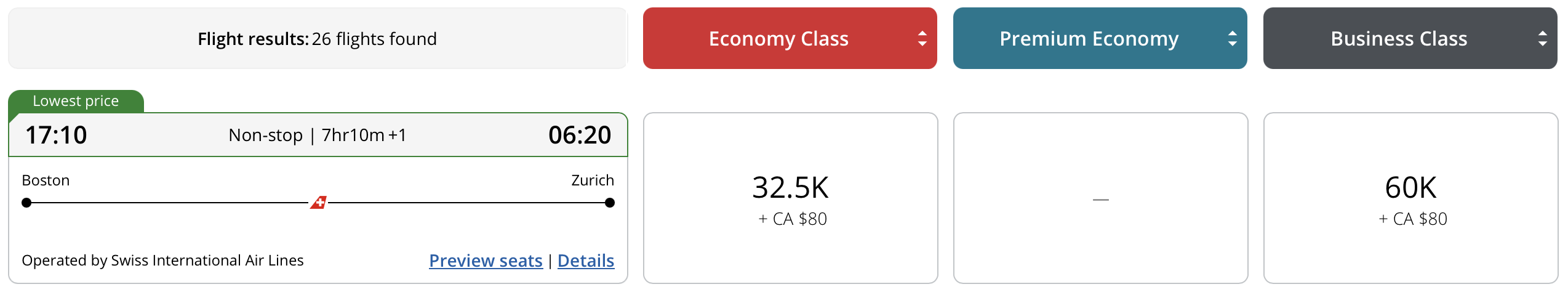 Screenshot of Air Canada award operated by SWISS.