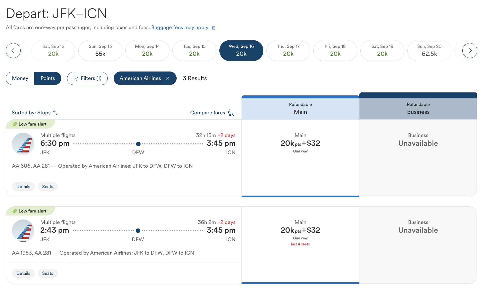 Screenshot of Alaska Airlines award on American Airlines.