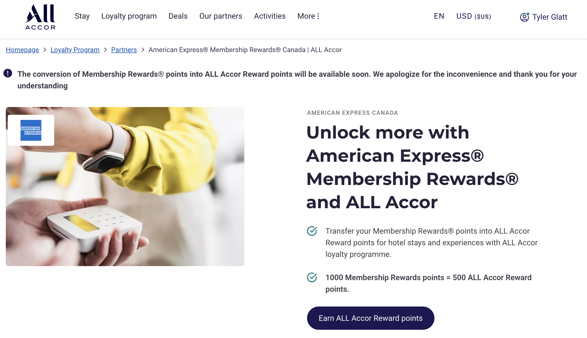 Screenshot of Accor / Amex Canada partnership.