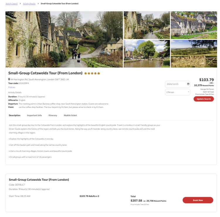 Cotswolds tour selected on the Wells Fargo Rewards activities booking page, showing tour details and booking information.