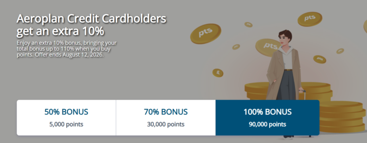 Banner image advertising buy Aeroplan points with 100% bonus plus 10% bonus for cardholders