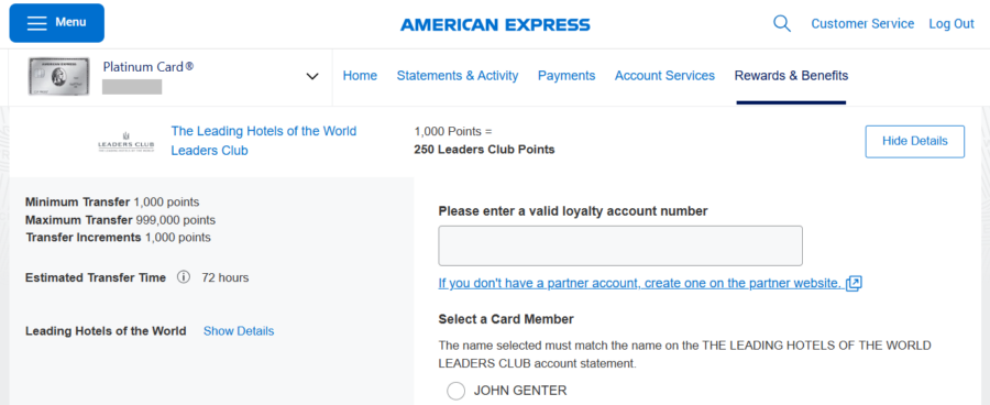 American Express Membership Rewards transfer partner details for Leading Hotels of the World (LHW)