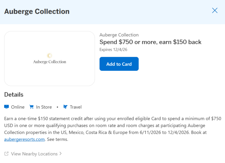 Amex Offer details for Auberge Collection
