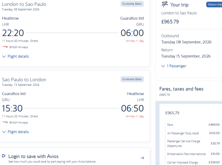 BA surcharges on GRU route