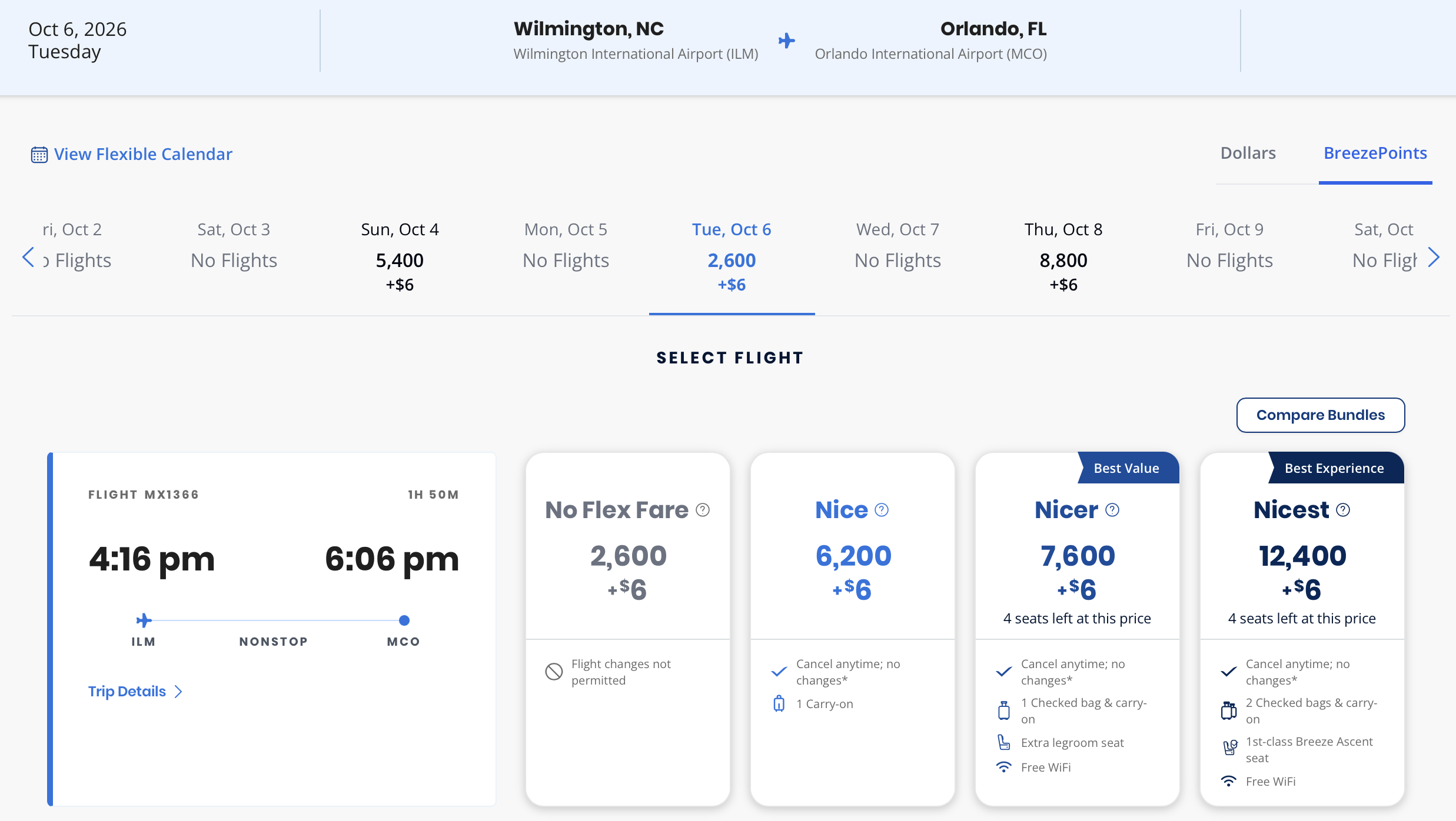 Screenshot of Breeze Airways fares from ILM to MCO.