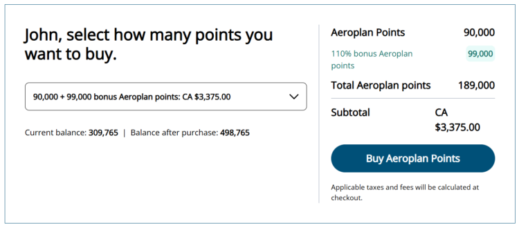 Example of buying Aeroplan points with a 110% bonus