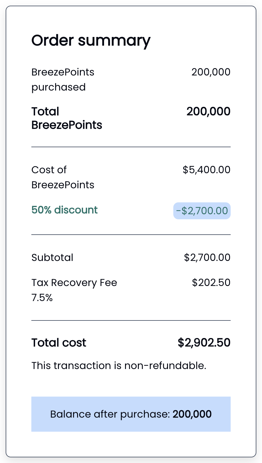 Screenshot of Points.com buy BreezePoints receipt.