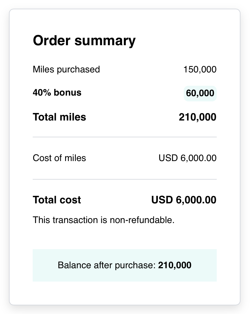 Screenshot of Points.com buy EVA miles promo receipt.