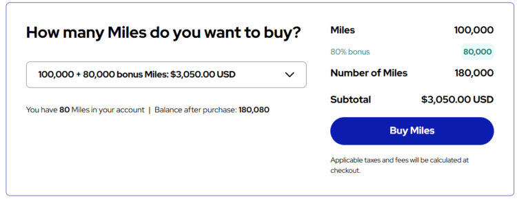 Example purchase of 180,000 Flying Blue miles for $3,050 after 80% bonus