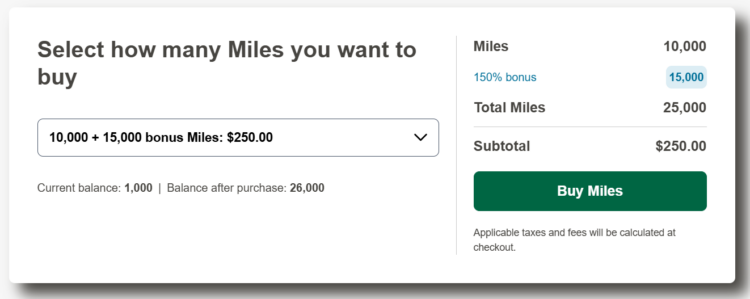 Example purchase of 10,000 Frontier miles plus a 150% bonus