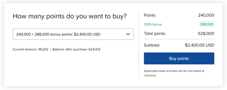 Example purchase of Hilton Honors points with a 120% bonus