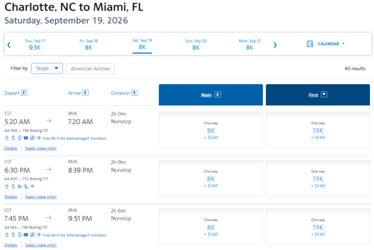 Screenshot showing AAdvantage award search results from Charlotte to Miami in lay-flat first class using AAdvantage miles