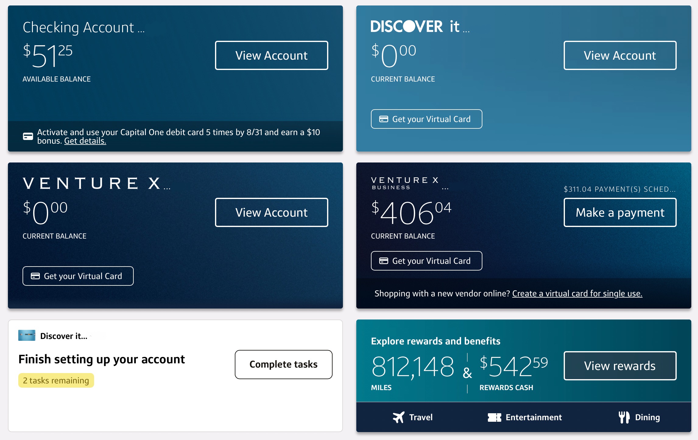 Capital One Dashboard showing all accounts, including Discover