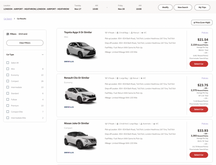List of available rental cars bookable through the Wells Fargo Rewards travel portal.