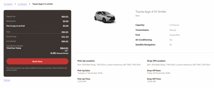 Booking confirmation page for a rental car through Wells Fargo Rewards travel portal.