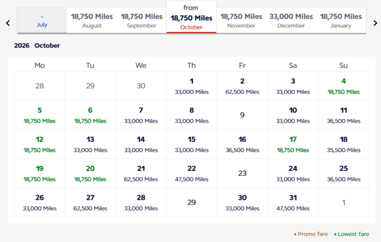 Screenshot of Flying Blue award calendar