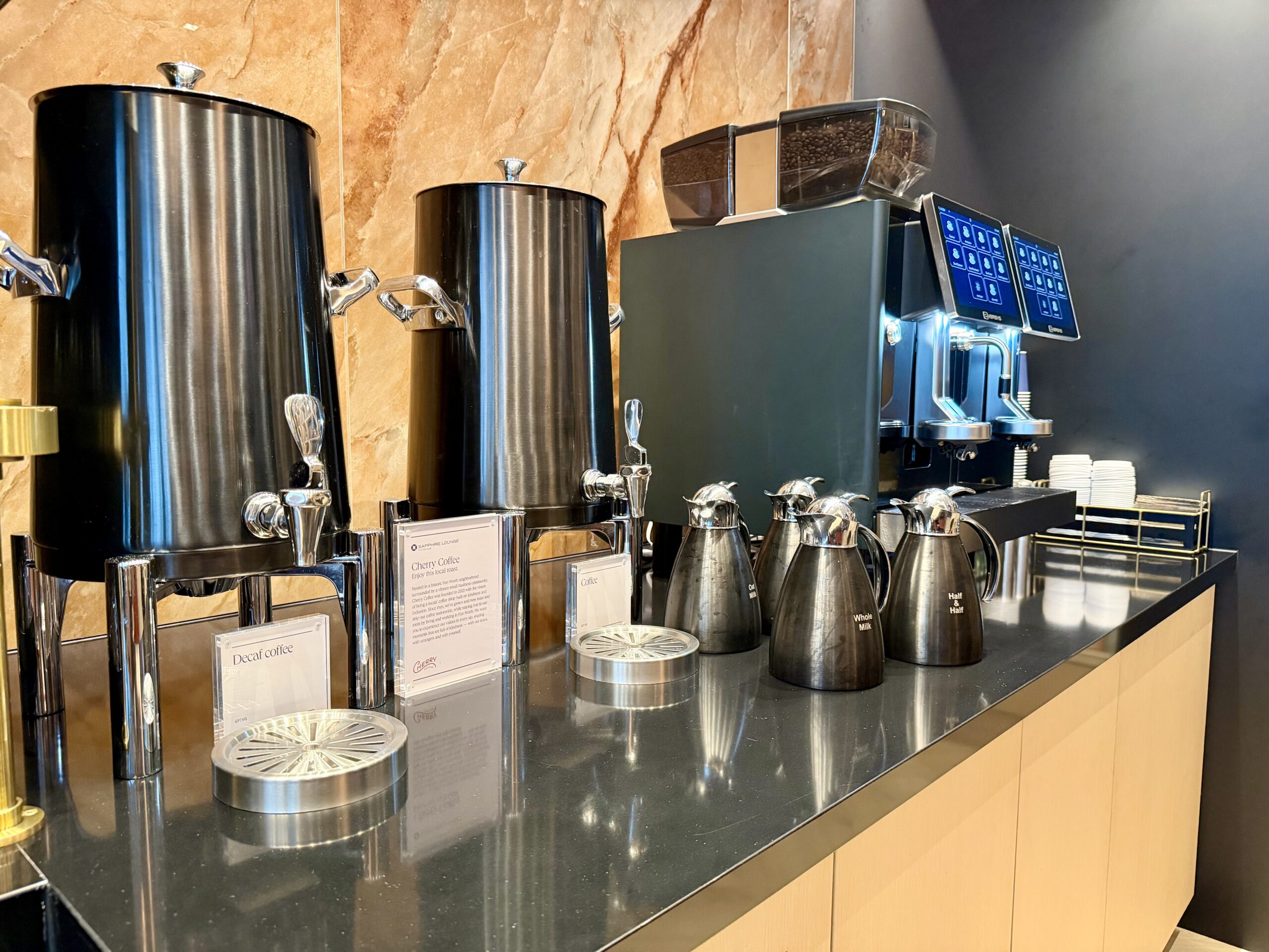 Coffee urns at the DFW Sapphire Lounge