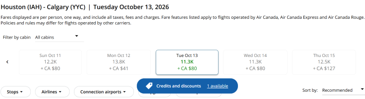 Aeroplan website showing discounts available in the flight search