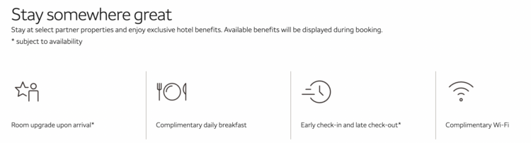 Wells Fargo Travel portal page highlighting the benefits included when staying at select partner properties.