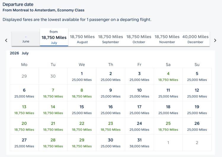 Screenshot of Flying Blue award calendar.