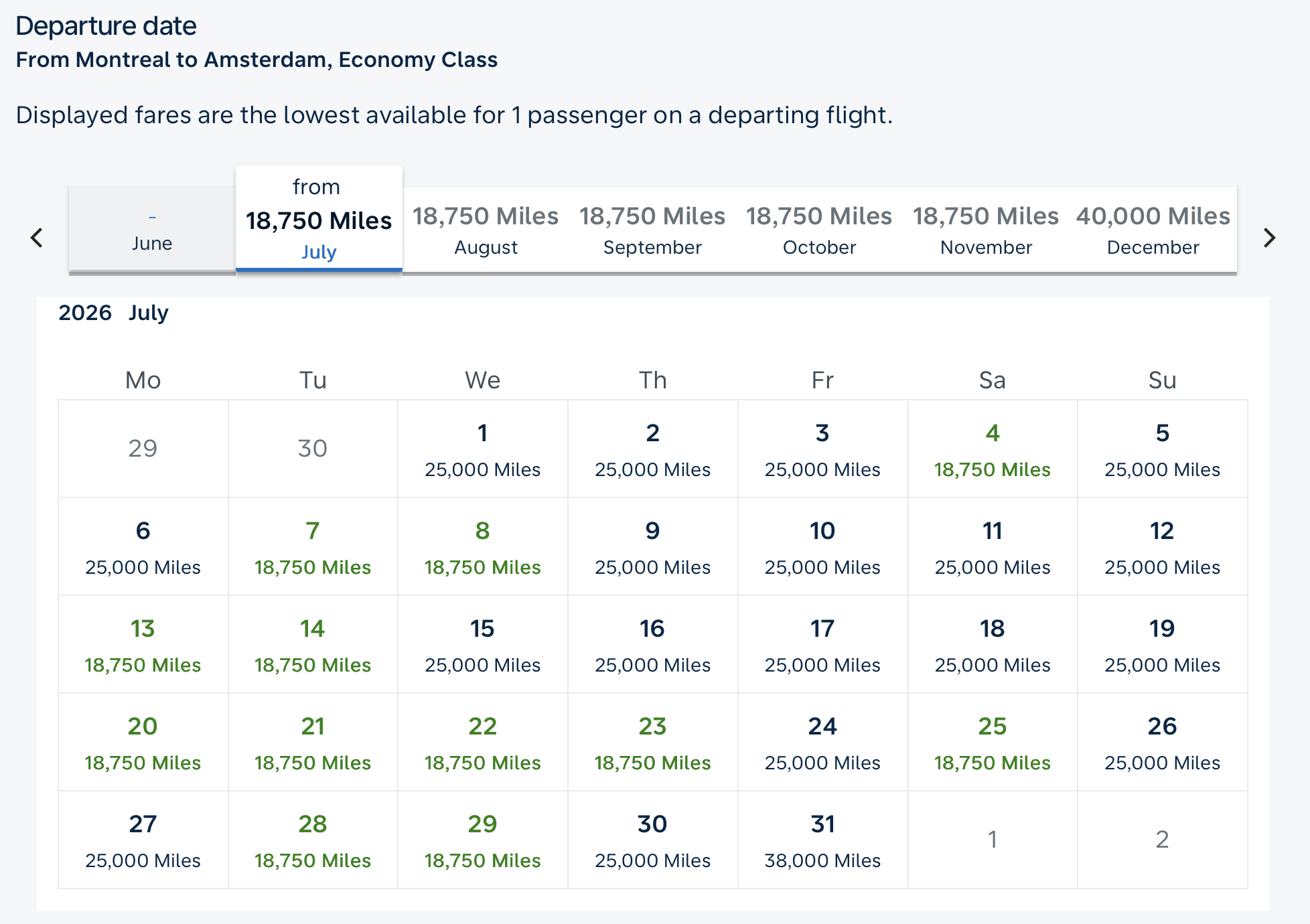 Screenshot of Flying Blue award calendar.