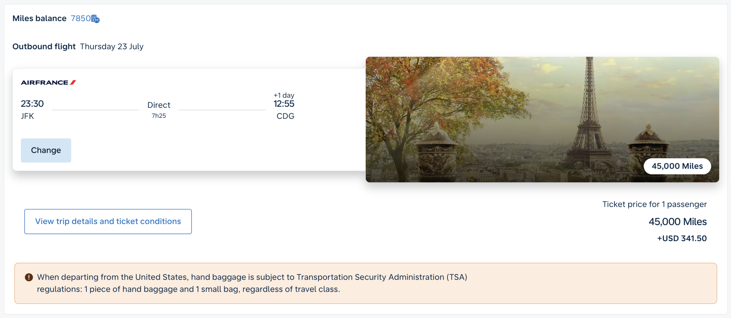 Screenshot of Flying Blue award ticket.