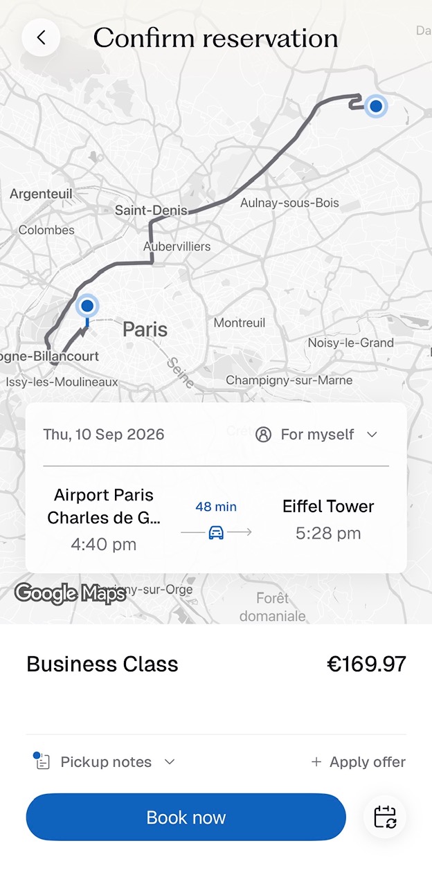 A screenshot showing a fare from CDG to the Eiffel Tower using Blacklane chauffeur services. 