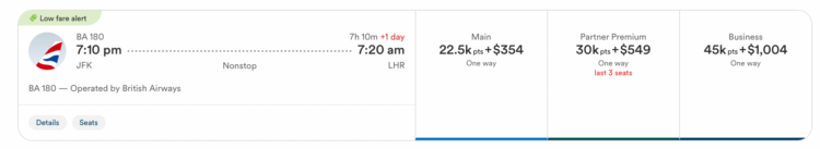 Alaska Airlines Atmos Rewards award booking showing a British Airways flight from New York (JFK) to London (LHR) with high taxes and fees.